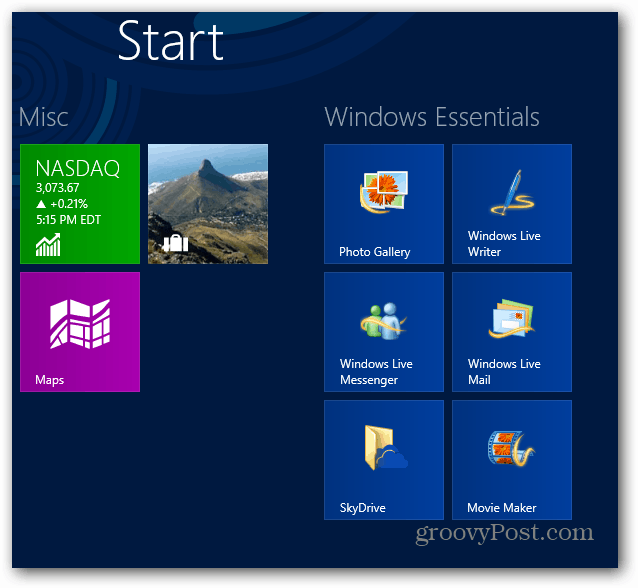 Úvodní obrazovka systému Windows Essentials