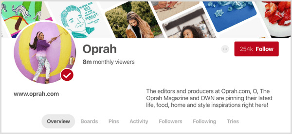 příklad profilu Pinterestu, který zobrazuje měsíční statistiku diváků