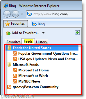 společný seznam zdrojů, který se nachází na liště Oblíbené v prohlížeči Internet Explorer
