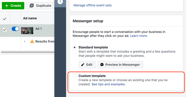 Jak cílit na teplé potenciální zákazníky pomocí reklam na Facebooku Messenger, krok 10, možnost vlastní šablony pro určení cíle