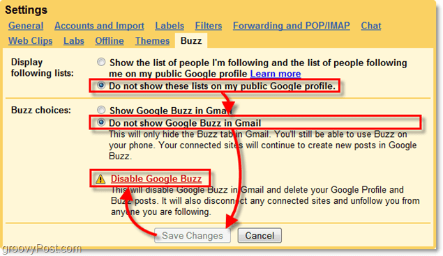 v nastavení Gmailu klikněte na záložku Google Buzz