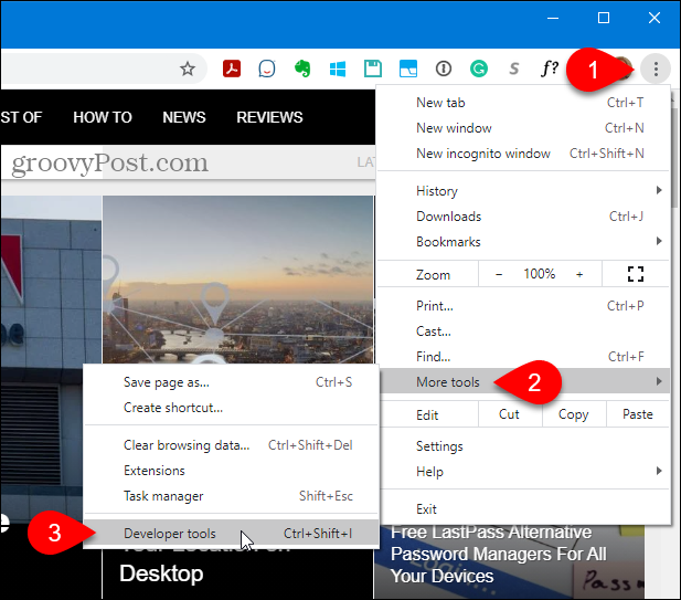 V prohlížeči Chrome přejděte na Další nástroje> Nástroje pro vývojáře