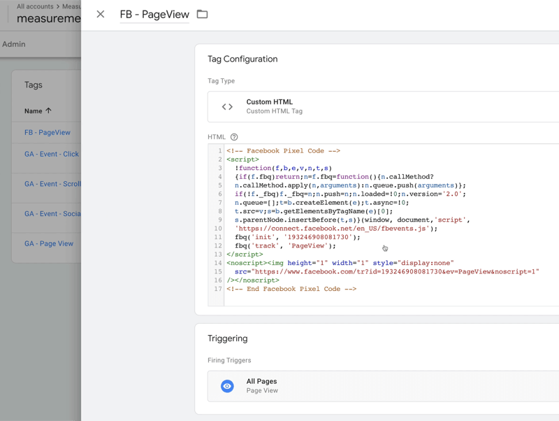 příklad konfigurace tagů správce značek Google s názvem fb pageview s typem značky nastaveným na vlastní html s nějakým html kódem, se spouštěcími spouštěči nastavenými na všechny stránky