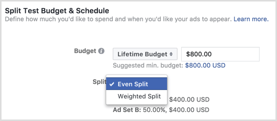 Rozpočet na test rozdělení reklam na Facebooku