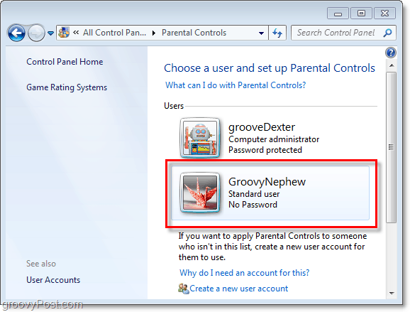 vyberte uživatele, u kterého chcete upravit vlastnosti rodičovské kontroly v systému Windows 7