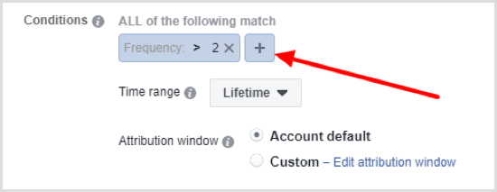 Kliknutím na tlačítko + nastavíte druhou podmínku pro automatické pravidlo Facebooku