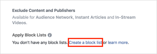 V části Umístění reklamy klikněte na Použít seznamy bloků a poté klikněte na Vytvořit seznam bloků.