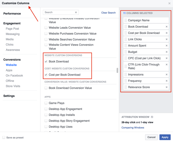 Vyberte sloupce, které chcete přidat do tabulky výsledků reklamy na Facebooku.