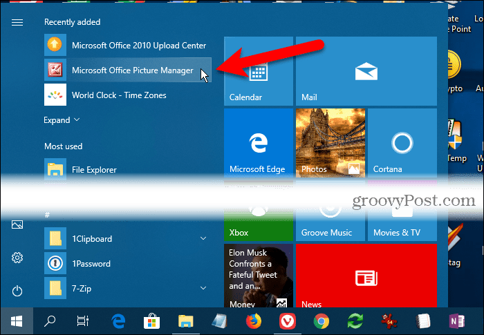 Microsoft Office Picture Manager v části Nedávno přidané v nabídce Start systému Windows 10