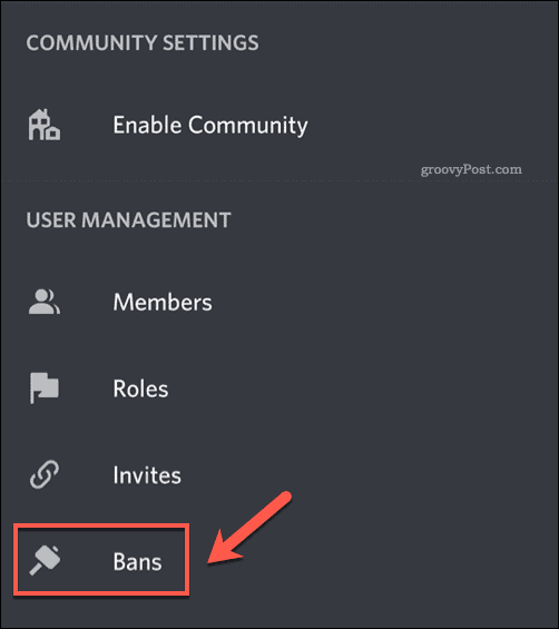 Možnost nabídky Bans v nabídce nastavení aplikace Discord