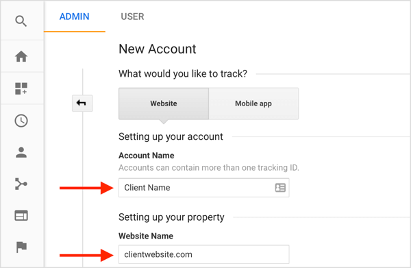 Vyplňte informace a vytvořte nový klientský účet ze svého účtu Google Analytics.