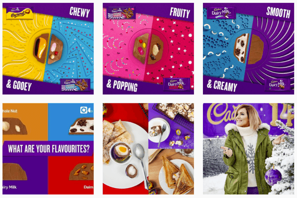 Zdroj Instagramu pro Cadbury se zaměřuje na jejich ikonickou fialovou barvu.
