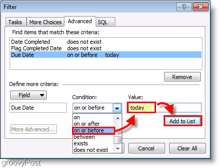 Snímek obrazovky: Filtr nastavení panelu úkolů aplikace Outlook 2007 dnes