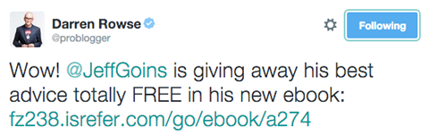 Darren Rowse tweet propagující e-knihu Jeff Goins