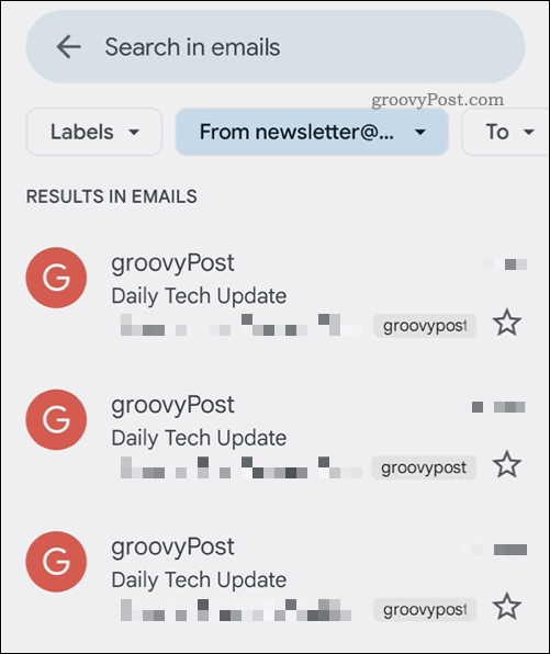 Výsledky vyhledávání aplikace Gmail