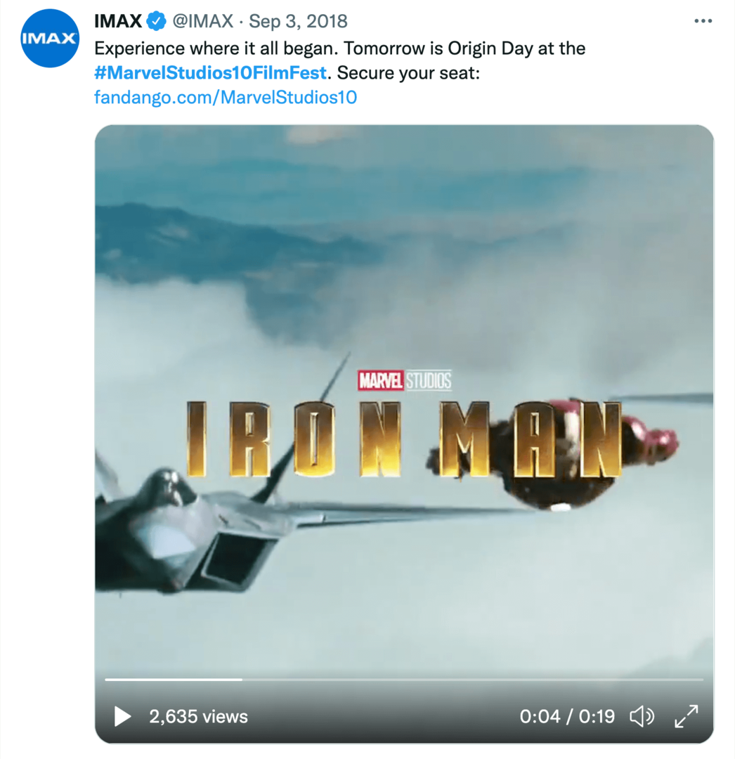 obrázek tweetu IMAX o 10letém filmovém festivalu Marvel Studios