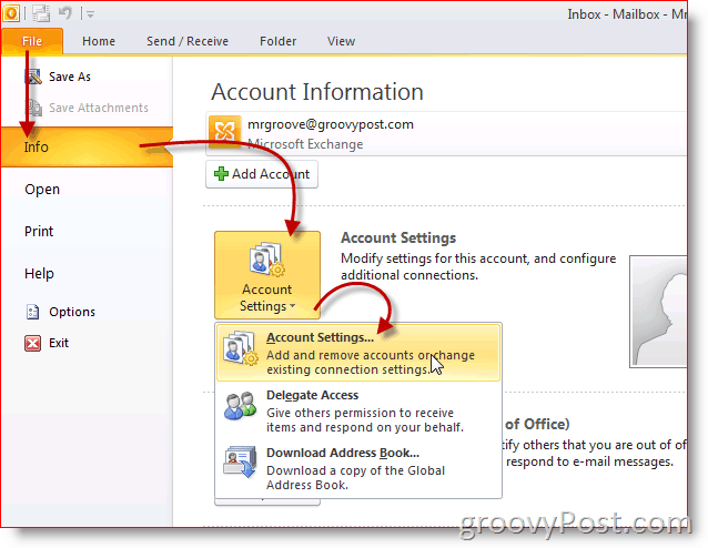 Nastavení účtu Screenshot aplikace Outlook 2010