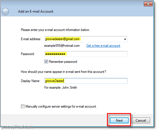 zadejte přihlašovací údaje pro e-mailový účet do živé pošty systému Windows