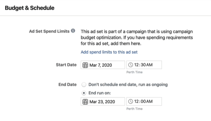 Sekce Budget & Schedule at ad set level in Facebook Ads Manager