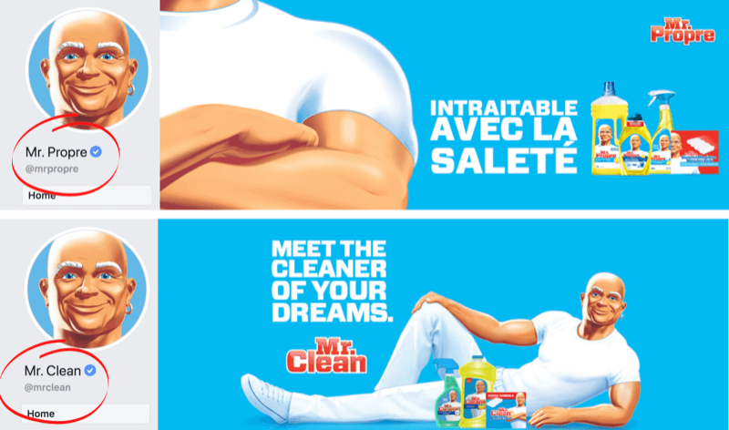 Stránka na Facebooku a titulní obrázek zobrazující jazykové rozdíly pro značku Mr. Clean na trzích ve Francii / Belgii a USA