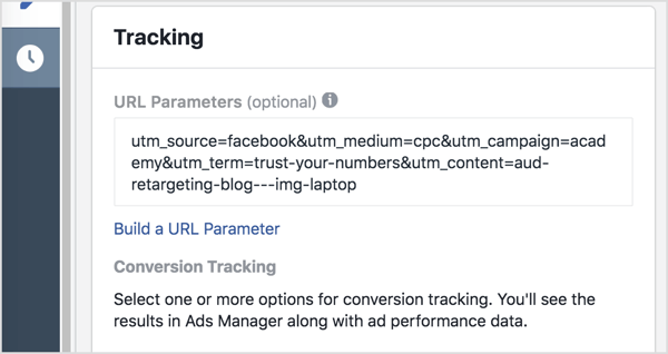 Ve Správci reklam přidejte své parametry sledování (vše za otazníkem) do pole Parametry adresy URL.