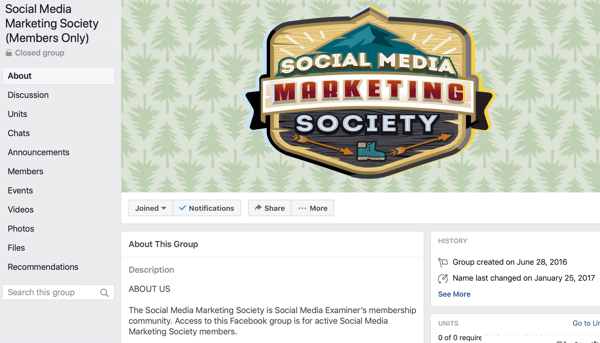 Jak používat funkce Skupiny Facebook, příklad stránky skupiny Facebook pro společnost Social Media Marketing Society