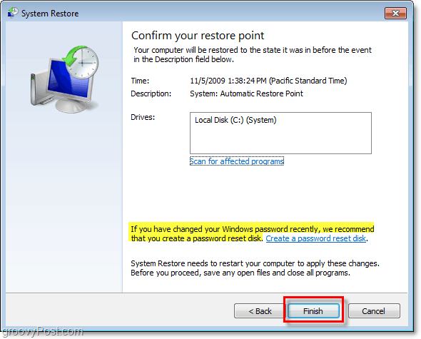 jak potvrdit, že obnovujete Windows 7 s bodem obnovení a vytvořit disketu pro obnovení hesla