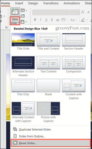 Nový snímek, opětovné použití snímků v PowerPointu ve Windows