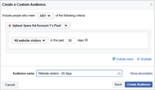 Vyberte možnosti pro nastavení vlastního publika pro všechny návštěvníky webových stránek na Facebooku za posledních 30 dní