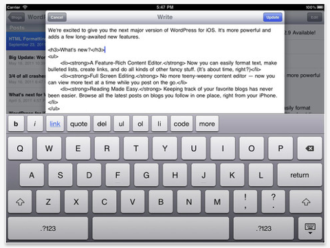 WordPress aplikace iPad nástroj