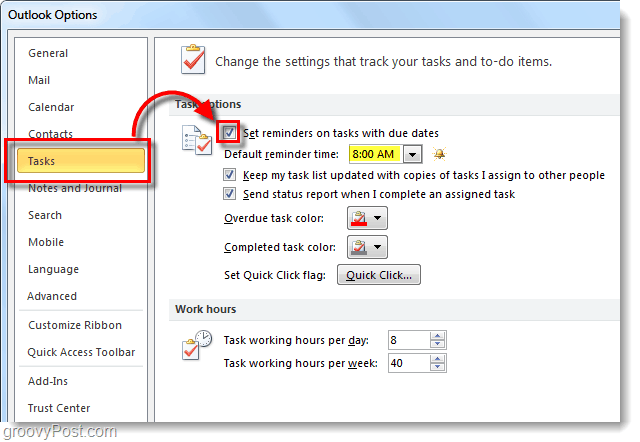 Jak nastavit výchozí připomenutí úkolů pro aplikaci Outlook 2010