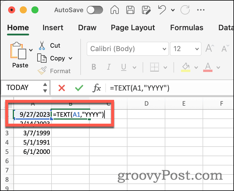 Funkce Excel Text pro extrahování roku z data