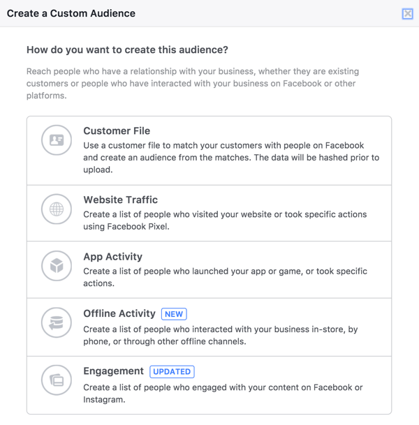 V nástroji Facebook Audiences vyberte Engagement a vytvořte publikum lidí, kteří sledovali vaše živá videa.