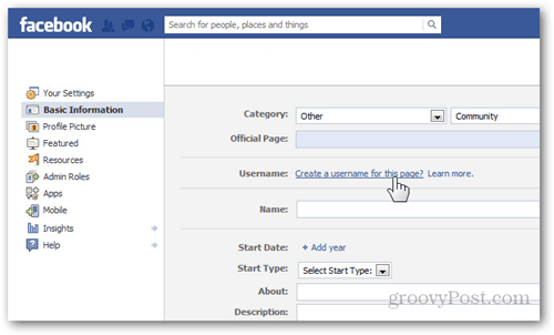 facebook page settings základní informace username vytvořit uživatelské jméno pro tuto stránku