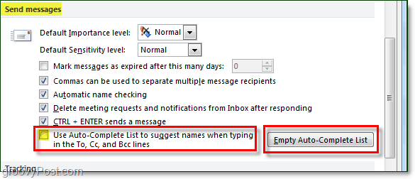 v aplikaci Outlook 2010 deaktivujte automatické dokončování a vymažte mezipaměť automatického dokončování