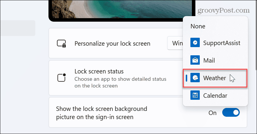 Počasí na obrazovku uzamčení Windows 11