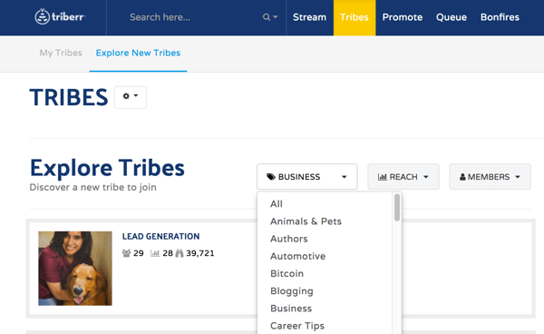 Přejděte na kartu Kmeny a vyhledejte kmeny, které se mají připojit na Triberru.