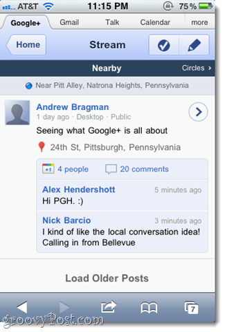 Prohlídka obrazovky aplikace Google+ pro iPhone iPhone
