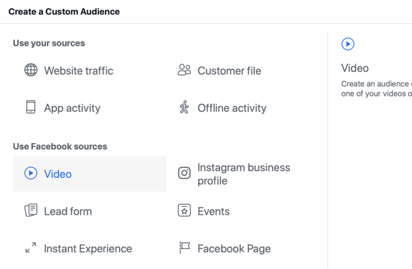 Jak propagovat živou událost na Facebooku, krok 8, vytvořte vlastní publikum ve službě Facebook Ads Manager na základě zhlédnutí videa
