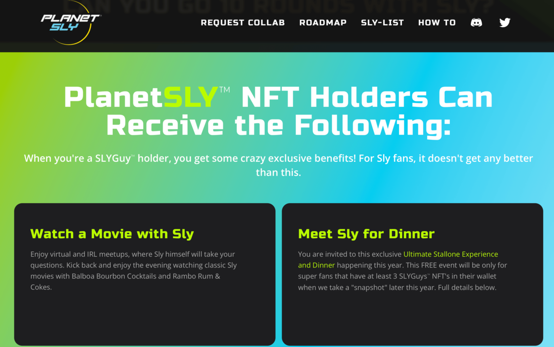 obrázek webové stránky PlanetSly vysvětlující výhody pro držitele SLYGuy NFT