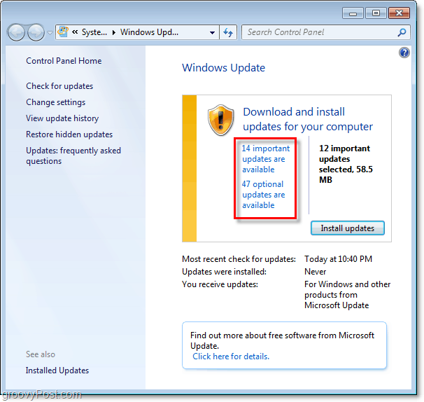Windows 7 - Screenshot stránky aktualizace systému Windows