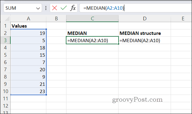 Příklad vzorce MEDIAN v Excelu