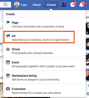 Vytvářejte reklamy na Facebooku kliknutím na Vytvořit z vašeho profilu na Facebooku.