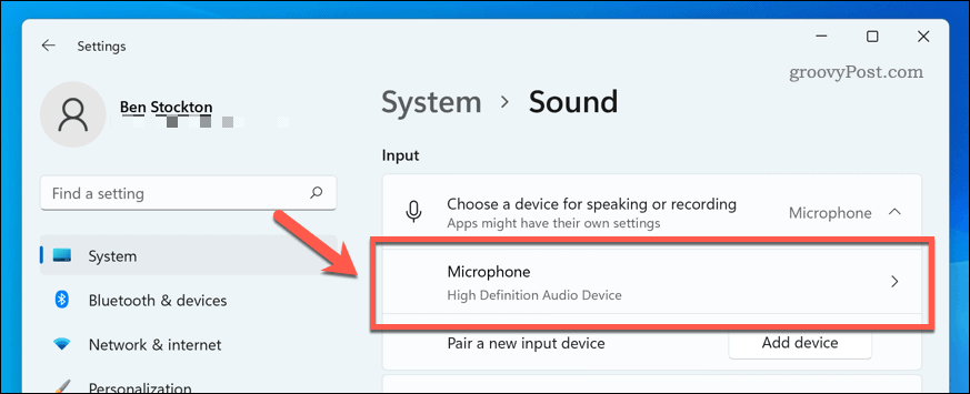 Otevřete mikrofonní zařízení v nastavení zvuku Windows 11