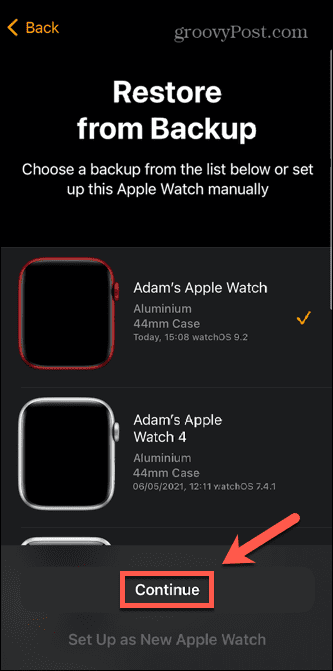 apple watch select backup
