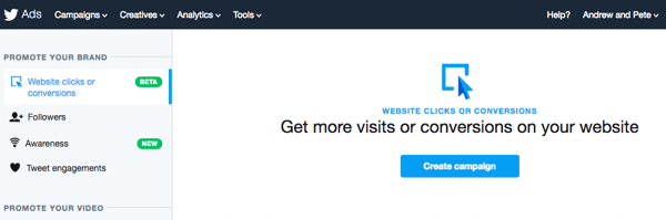 Vyberte možnost Kliknutí nebo Konverze na webu a nastavte reklamu na Twitteru.