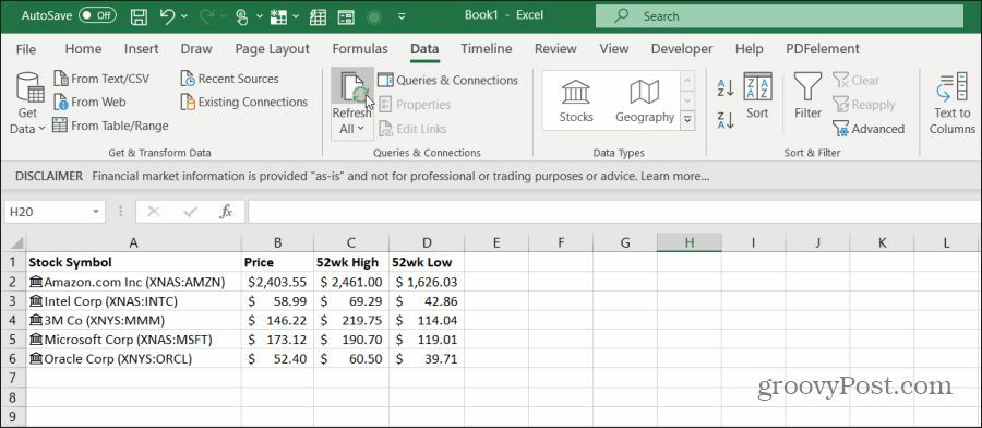 aktualizace dat o akciích v Excelu