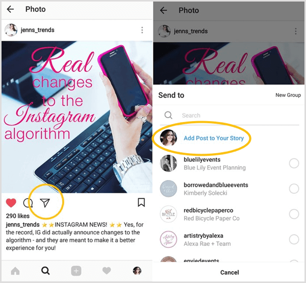 Podívejte se na možnost Přidat příspěvek do svého příběhu, abyste zjistili, zda máte přístup k funkci sdílení Instagramu.