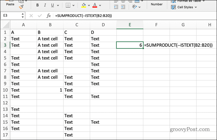 Použití SUMPRODUCT s ISTEXT v Excelu