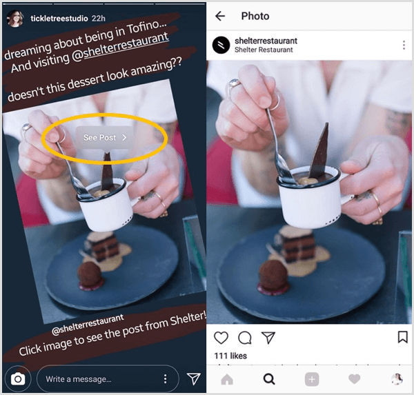 Klepněte na sdílený příspěvek na Instagramu a poté klepnutím na tlačítko Zobrazit příspěvek přejděte přímo na původní příspěvek od daného uživatele.